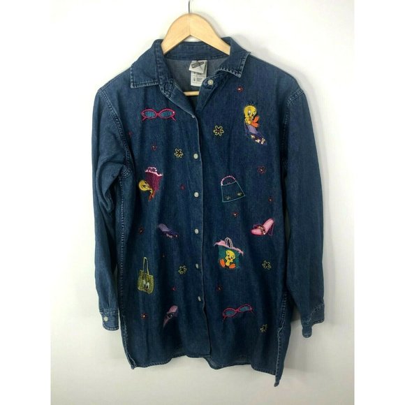 Vintage Warner Bros. Embroidered Denim Button Front Shirt Small Tweety Bird - Picture 1 of 6